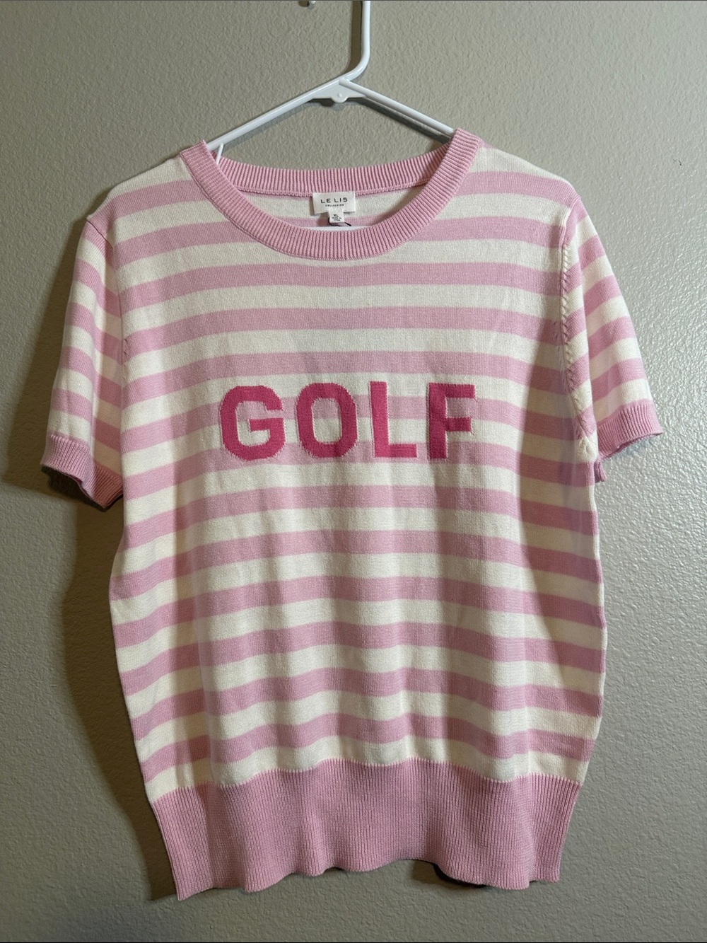 Le Lis Pink & White Striped 'GOLF' Short Sleeve Crew Sweater